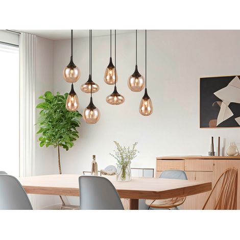 Pendelleuchte LUMINA 8-flammig groß Glasschirme amberfarbig, Breite 121cm