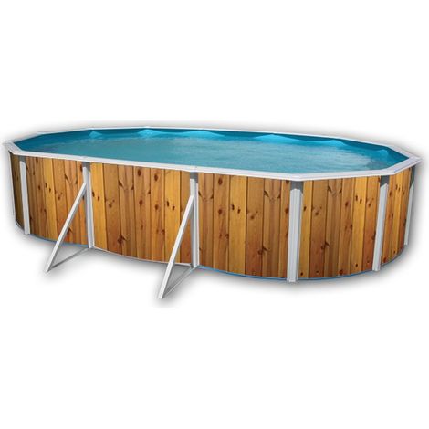 Piscine hors sol acier ovale 6.40 x 3.66 x 1.20m – Décor bois – Système filtration à sable 3.6m³/h – Échelle double 4 marches – TOI