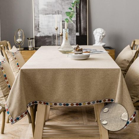 Nappe coton lin style pas de plis imperméable nappe cuisine table à manger housse (Brun 135x180cm) (1/5)