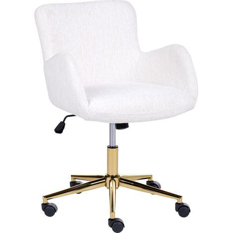 Silla de oficina tapizada en chenilla base de hierro dorada giratoria altura regulable respaldo reclinable con reposabrazos blanco crema Misorela (1/5)