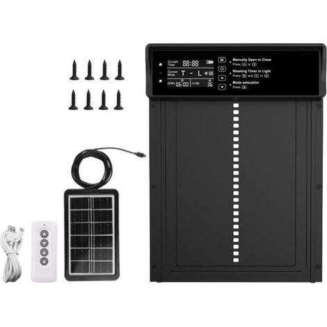 Porte poulailler automatique solaire 10W – Relevage temporisé – Fonction anti-pincement – Étanche à la pluie – Dimensions 33 cm x 24,5 cm – Noir (1/5)