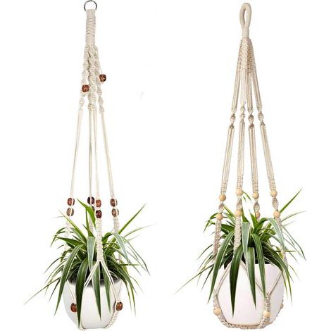 Deux paniers suspendus en corde de coton blanc pour plantes d'intérieur, de 98 cm chacun, ornés de perles en bois. Crochets non inclus. (1/5)
