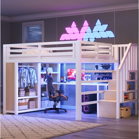 Letto a soppalco adulto 160x200 cm in metallo con LED, scrivania, armadio aperto e scala contenitore - bianco (1/5)