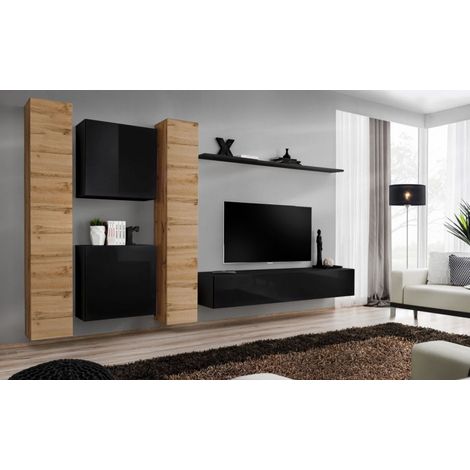 Ensemble mural - Switch VI - 2 vitrines verticales - 1 vitrine carrée - 1 banc TV - 1 étagère - Bois et noir - Modèle 1 - Livraison gratuite