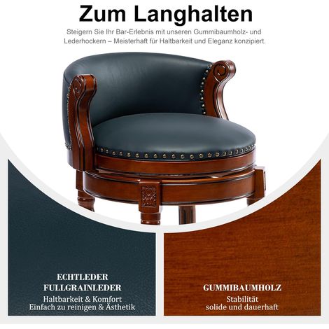 Tabourets de bar en cuir et bois avec assise en cuir， pivotants à 360° avec dossier, hauteur bar, idéaux pour la cuisine, la salle à manger et le bar. (1/5)