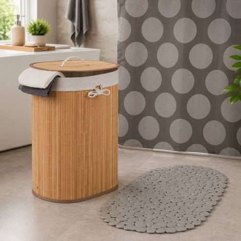 Set de seguridad para el cuarto de baño con bañera de hidromasaje (3 piezas): cortina impermeable, alfombrilla antideslizante y cesto de bambú (1/5)