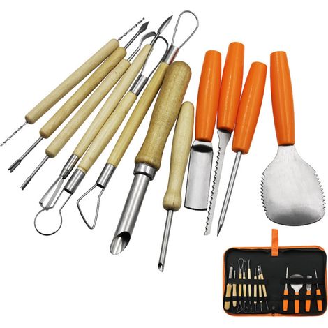 Kit de sculpture de citrouilles d'Halloween en acier inoxydable (12 pièces) pour la décoration d'Halloween : citrouilles sculptées, fruits et fleurs en argile, avec sac de rangement et moules en papie (1/5)