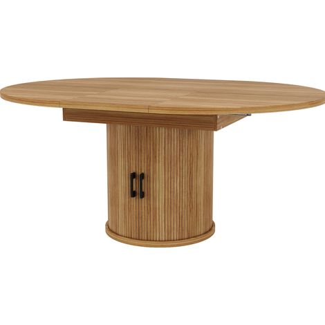 Mesa de comedor extensible redonda de MDF efecto nogal 118-158 cm con espacio de almacenaje (1/5)