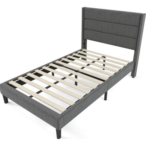 Letto imbottito 90 x 200 cm con rete a doghe e testiera, lino grigio, HOMVRA (1/5)