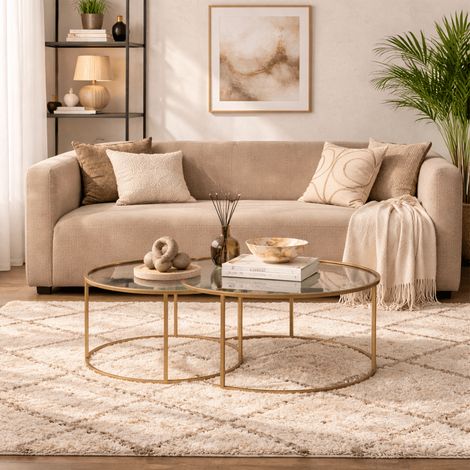 Moderne Runde Couchtisch 2er-Set Uru Gold - Transparentes Glas -