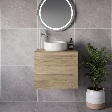 Napoli 460 Light Oak 600mm Wall Mounted 2 Drawer Vanity Unit for Countertop Basins - 600mm - Chrome 320mm Handle