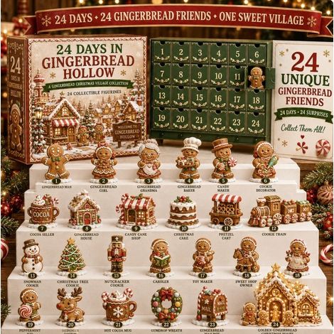 Adventskalender 2026 – 24-teilig – braun, rot, grün – Acryl – 24 Tage mit Lebkuchendorf-Weihnachtsfiguren – Weihnachtsdekoration – geeignet für Weihnachten und als Innendekoration (1/5)