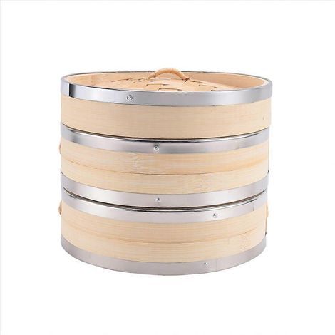 Cuiseur vapeur de cuisine à 2 niveaux en bambou avec double cerclage en acier inoxydable (1/5)