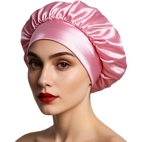 Nachthaube aus Satin, Nachthaube aus Seide, Nachthaube für Frauen mit langem, lockigem Haar (rosa) (1/5)