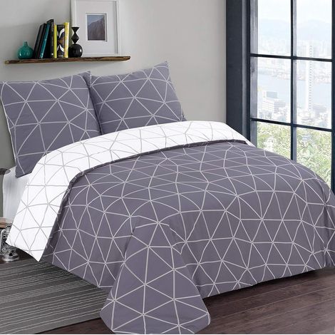 Parure de lit Réversible - 100% Coton Flanelle - Hugo Gris/Blanc - Housse de Couette 260 x 240 cm avec 2 taies d'oreiller pour lit 2 Personnes Kingsize - Flanelle: Doux et Chaud - Oekotex (1/5)