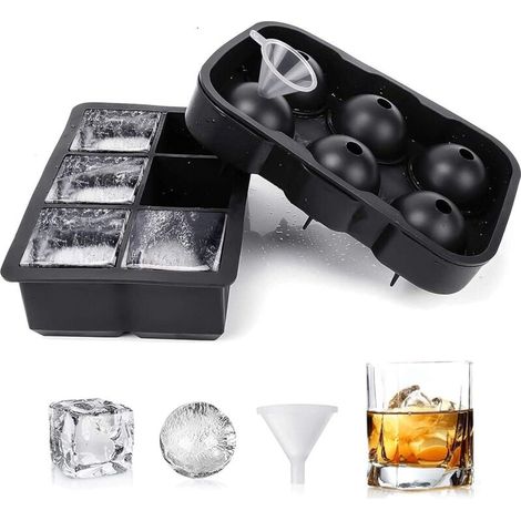Bandeja para cubitos de hielo, sin BPA, juego de 2 piezas de silicona, molde cuadrado y redondo para cubitos de hielo, máquina para hacer cubitos de hielo, cócteles de whisky, limoncello, molde reutil (1/5)