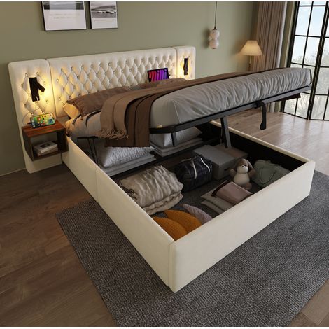 Polsterbett 180x200 cm mit hydraulischem Bettkasten, 2 Nachttischen, USB und LED, Beige (1/5)