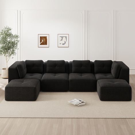 Divano angolare modulare 386x177x69 cm, senza montaggio, design antiscivolo, tessuto corduroy nero (1/5)