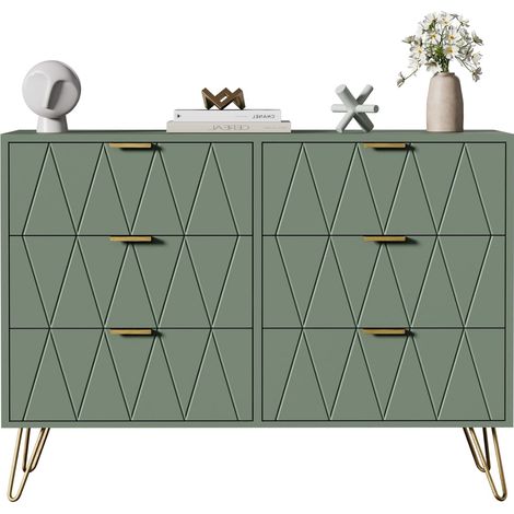 Commode verte à 6 tiroirs en bois et métal avec grand rangement et sécurité anti-basculement pour salon, chambre et bureau (1/5)