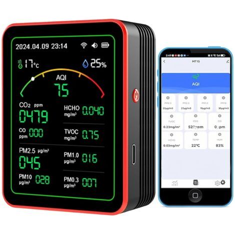 Moniteur de CO2, compteurs de qualité de l’air intérieur 15 en 1, détecteur portable de dioxyde de carbone, écran LCD rétroéclairé CO2 TVOC HCHO PM2.5 PM10 Testeur avec réveil pour la maison et le bur (1/5)