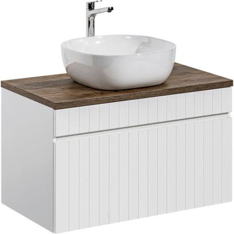 Set ICON bianco: mobile sottolavabo 80cm + piano per lavabo in legno scuro + lavabo da appoggio bianco