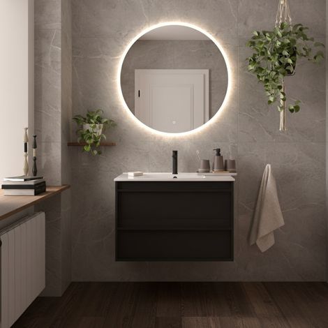 Meuble de salle de bain suspendu 80 cm avec lavabo en céramique et 2 tiroirs noir satiné – Urban