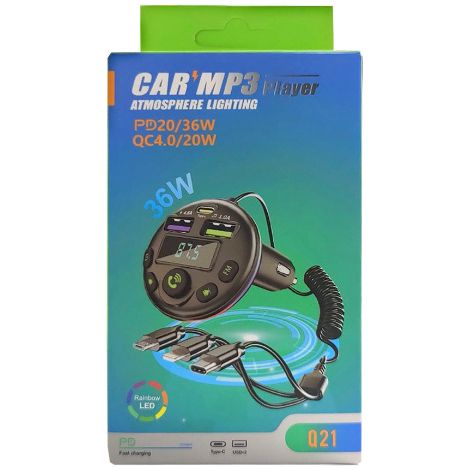 Q7 Auto-MP3-Player mit farbiger Ambientebeleuchtung, Bluetooth-Empfänger, multifunktionalem QC3.0-Schnellladegerät -- Q21 (1/3)