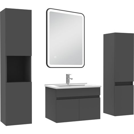 Ocean Meuble simple vasque anthracite 60cm avec colonne + miroir lumineux 3 couleurs + dimmable