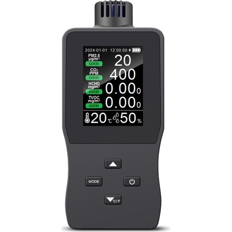 Moniteur qualité air intérieur 6-en-1  Test HCHO, CO₂, TVOC, PM2.5, Temp., Humidité  Capteur haute précision  Écran rétroéclairé  Pour maison, bureau, école (1/5)