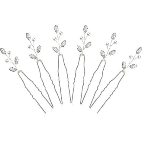Set aus 6 Brauthaarnadeln im Vintage-Stil, verziert mit Perlen und Kristallen, für eine Hochzeitsgesellschaft (silber).