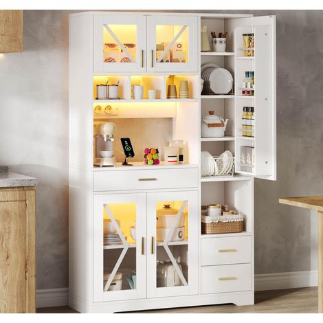Modernluxe - Buffet de cuisine style grange 105x40x185cm avec LED et prise, 5 portes et 3 tiroirs - blanc (1/5)