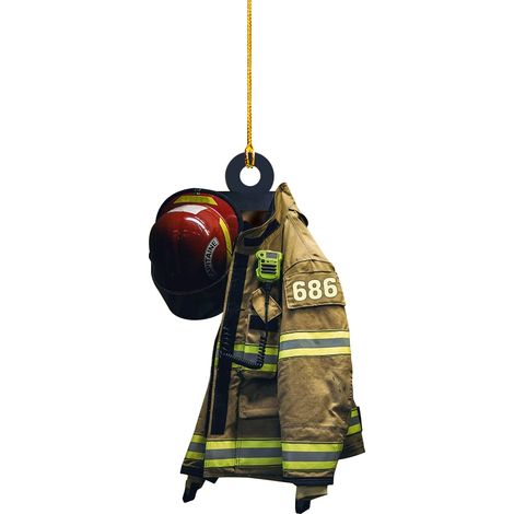 1 Ornement de Noël, décoration arbre thème pompier, bois imprimé recto-verso, ruban jaune, cadeau fête (1/4)
