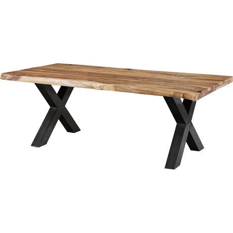 Table à manger 200x100 en bois de Sheesham sablé bois naturel pieds en X anthracite brillant FREEFORM 5
