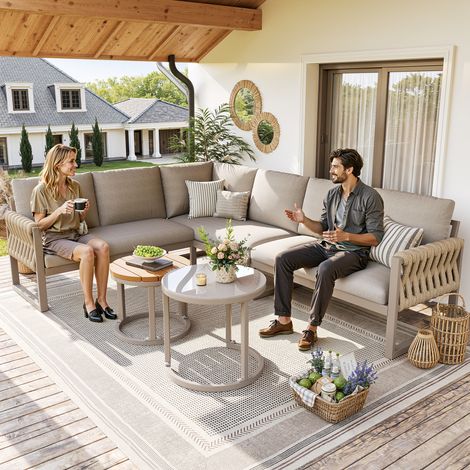 Salon jardin 5-6 places modulaire, pieds réglables, coussins imperméables amovibles, beige (1/5)