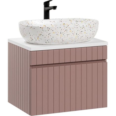 ICON Set: Unterschrank 60cm in pudrigem Rosa + weiße Waschtischplatte + gesprenkeltes Aufsatzwaschbecken