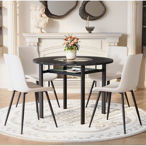 REDOM - Conjunto de mesa redonda y 4 sillones de PU blanco y cojines de confort más anchos con vetas de madera negra (1/5)