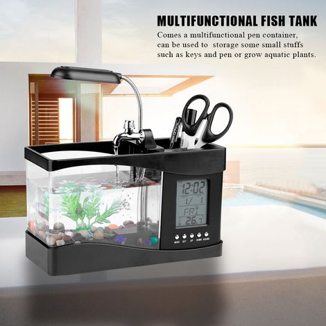Aquarium mini rechargeable USB avec horloge LED noir, réservoir à poissons multifonction, éclairage intégré, design compact pour bureau (1/5)