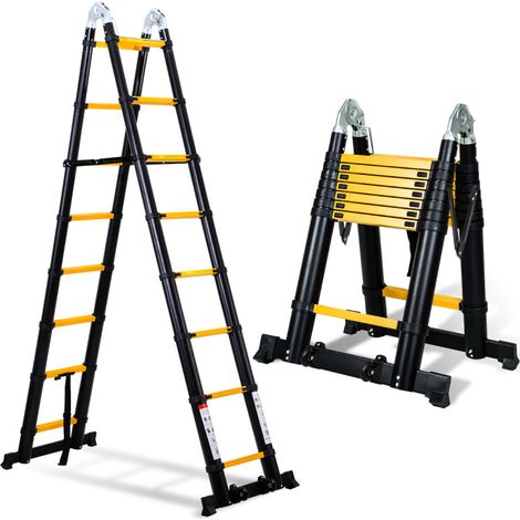 SWANEW Échelle télescopique Échelle pliante Aluminium Escabeau sans crochets Avec stabilisateur Avec roues 2,5m+2,5m noir+jaune (1/4)