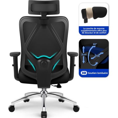 Chaise de Bureau Ergonomique avec Inclinaison Fixe, Accoudoirs Réglables Fauteuil de Bureau en Hauteur et Pliables, Soutien Lombaire Ajustable. (1/5)