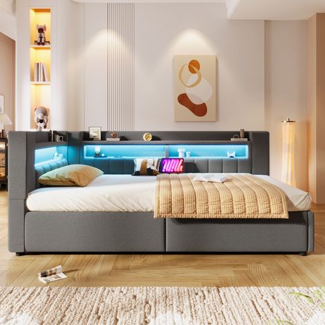 Banquette-lit 90x200 cm, lit simple convertible en canapé, coffre de rangement hydraulique, LED, USB et Type-C, lin, style minimaliste Gris (1/5)