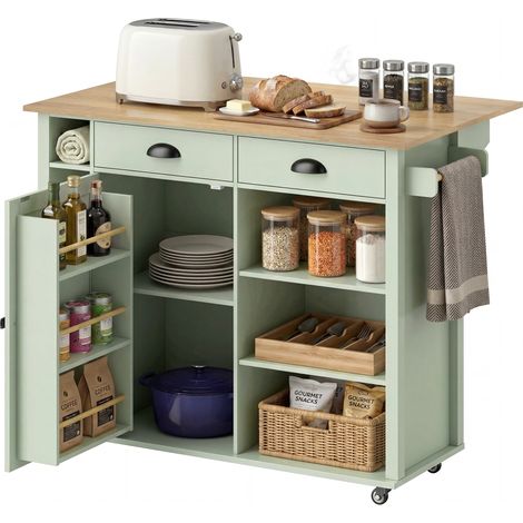 HOMCOM isla de cocina con tablero plegable, ruedas, estantes en la puerta, toallero, armario, 2 cajones, estantes abiertos, 117,5x70x91cm, verde claro