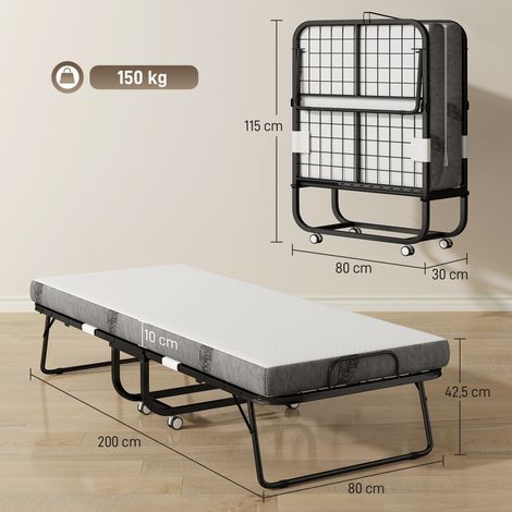 Klappbett 80x200 cm Erwachsene Gästebett Klappbar mit 10cm Dicker Schaumstoff Reisebett mit Stahlrahmen Feldbett mit Rollen bis 150 kg belastbar Einzelbett (1/5)