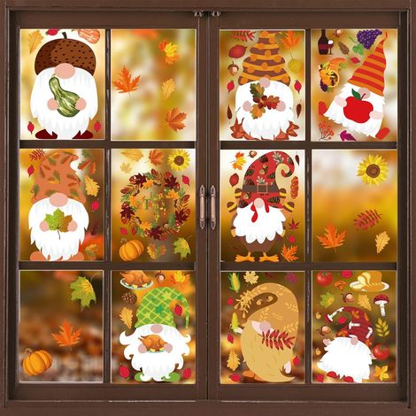Decal Fenetre Thanksgiving - 104 Pièces Feuilles D'automne Citrouille Dinde - Pour Vitres Murs Carrelages - 9 Feuilles 20x30 cm (1/5)