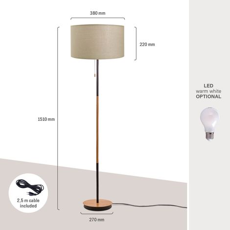 Paco Home Lampada Da Terra Soggiorno Scandi Paralume Tessuto Cavo Tessuto Interruttore E27 Nero (Ø38 cm), Lampada terra bianco/legno + lampadina (1/5)