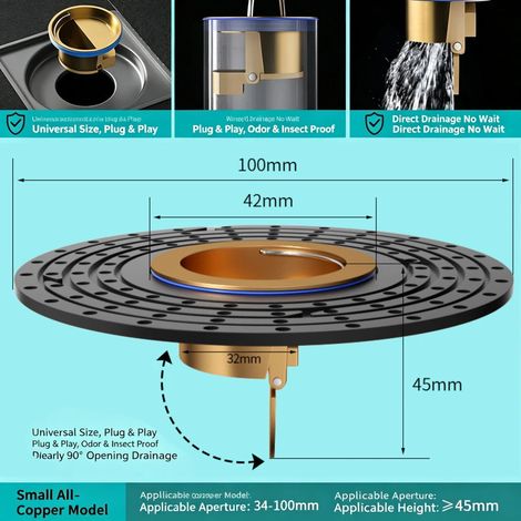 (Black Filter)Anti-Odor Floor Drain Insect Proof Anti-Clog Anti-Backflow Shower Drain Sewer Strainer for Bathroom Kitchen Balcony Laundry (1/4)