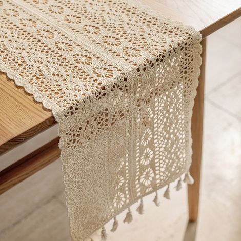 Chemin de table en dentelle crochetée - Chemin de table bohème en coton et lin - Nappe champêtre à pompons - Nappe pour une ambiance de mariage festive - 120 x 24 cm (une pièce) (1/2)