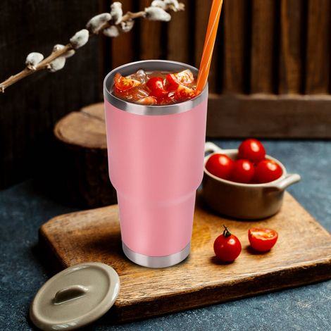 Gourde Isotherme en Acier Inoxydable, Tasse à Café à Double Paroi avec Couvercle pour Voyage - Rose (1/5)