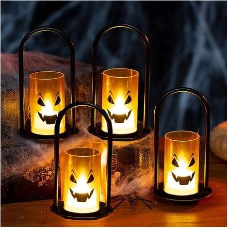Lot de 4 lanternes d'Halloween à LED pour extérieur avec piles, lanterne fantôme citrouille sorcière esprit décoration à suspendre à l'intérieur ou à l'extérieur (4 bougies LED d'Halloween) (1/5)