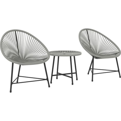 Ensemble mobilier jardin 3 pièces, 2 fauteuils en rotin synthétique, table verre + acier, extérieur gris (1/5)