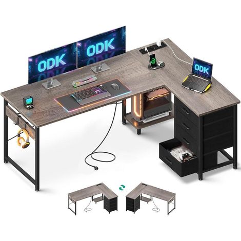 Eckschreibtisch 4 Schubladen L Form USB Graue Eiche 155 &xD7 110 cm (1/5)